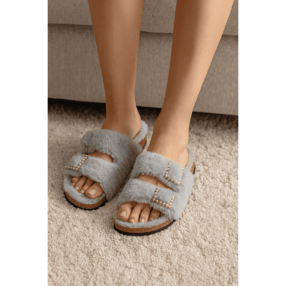 Lady Godiva Women's Plush Faux Fur Pearl Slide Slippers, with Straps , Indoor/Outdoor Comfort Sandals-Baby Blue-Size 6
