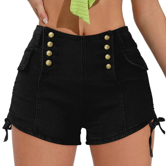 Sngxgn Jean Shorts for Women High Waisted Stretchy Denim Shorts Ripped Raw Hem Summer Casual Shorts(Black,M)