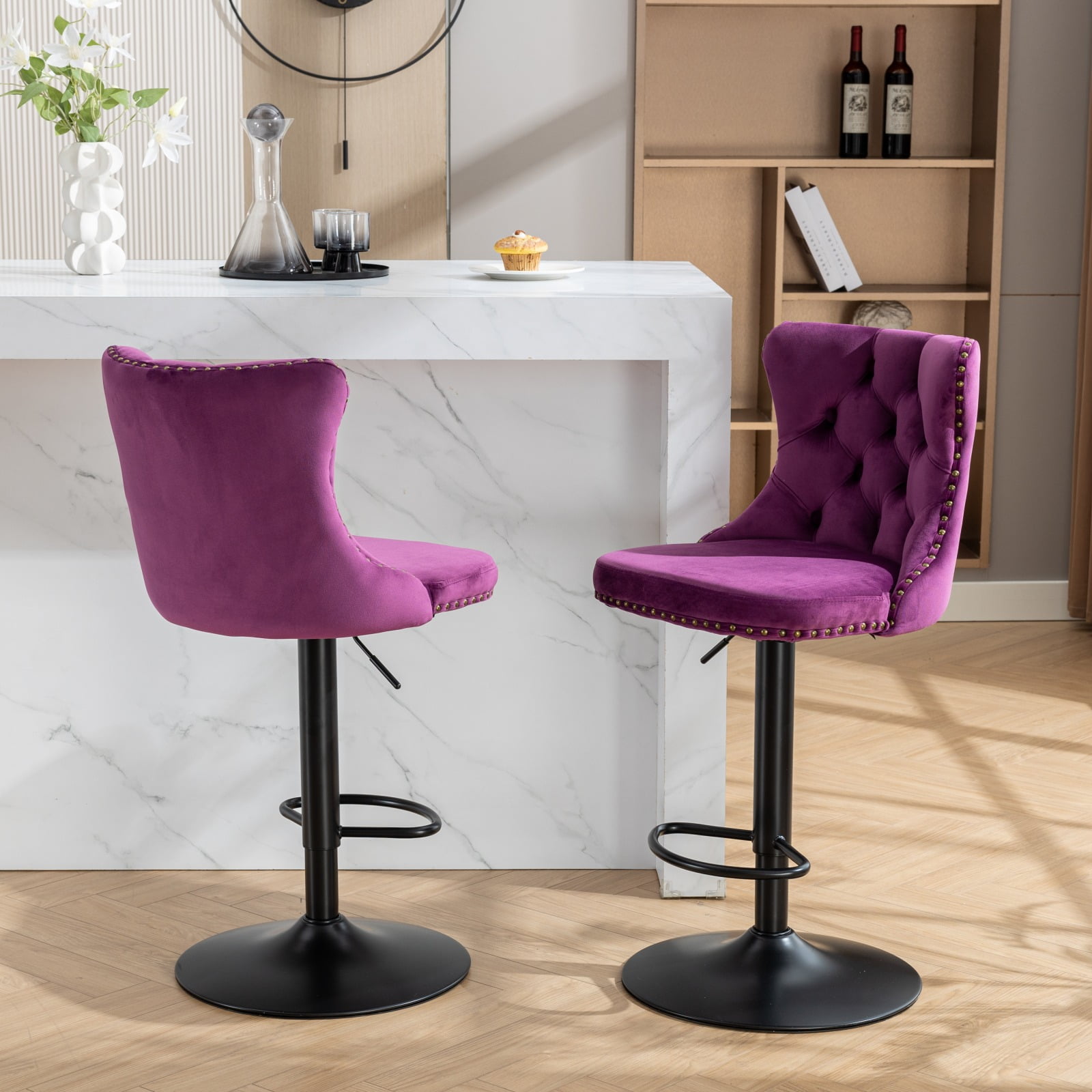 Holaki Set Of 2, Modern Classic Swivel Velvet Barstools, 25-33 Inch Adjusatble Seat Height, Upholstered Chrome Base Bar Stools With Backs Tufted, For Home Pub, Living Room, Kitchen(Black Base+Purple)