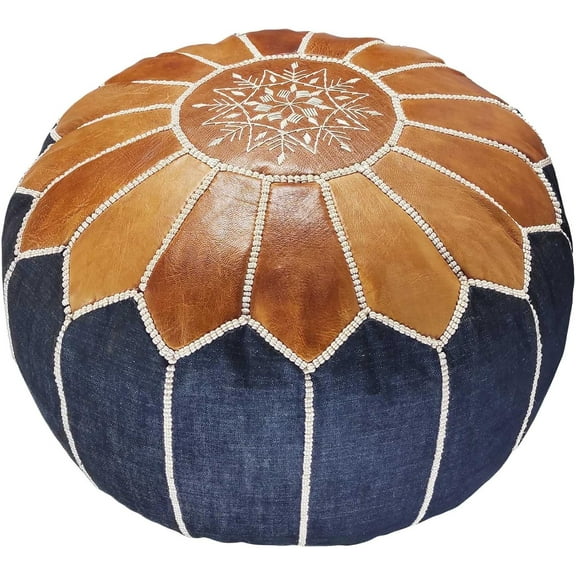Fezcrafts 40  Colors Stuffed Moroccan Ottoman Genuine Goat Leather Round Handmade Pouf Footstool Living Room Cocktail Seats Tribal Boho Furniture (Tan/Jean)