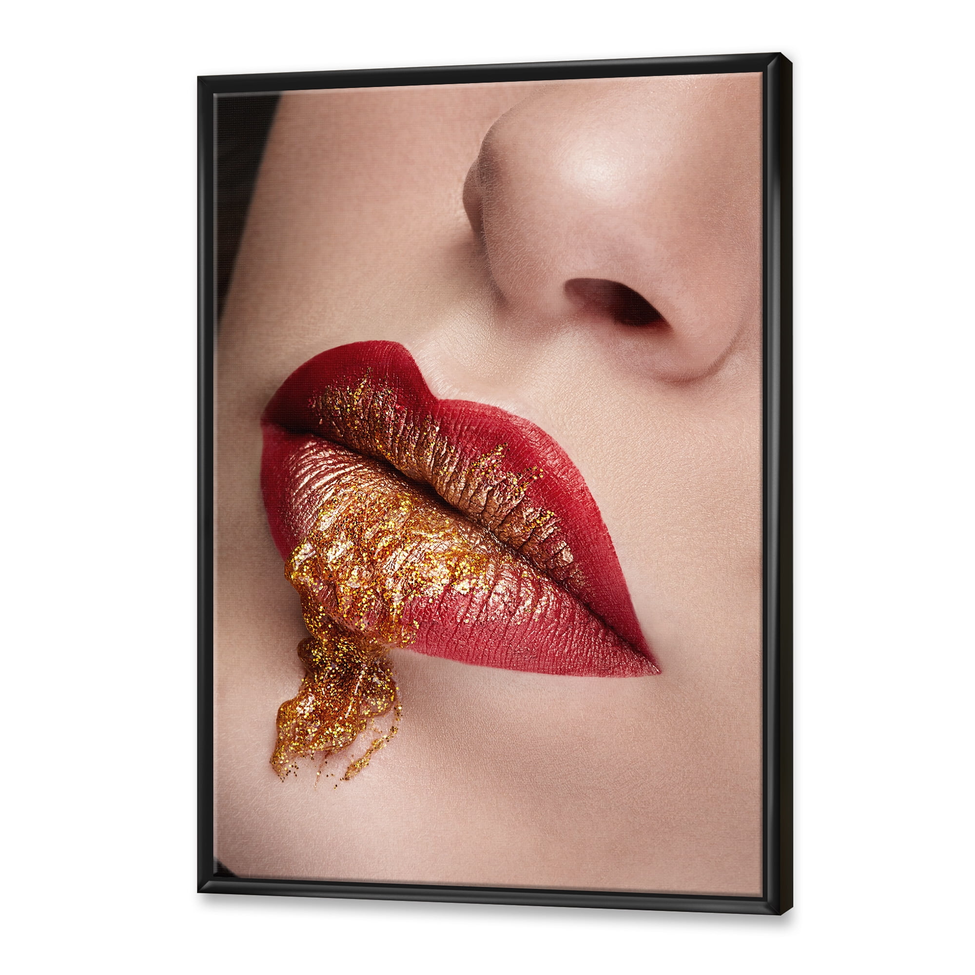 Designart 'Close Up Lips With Gold and Red Make Up' Modern Framed Canvas Wall Art Print