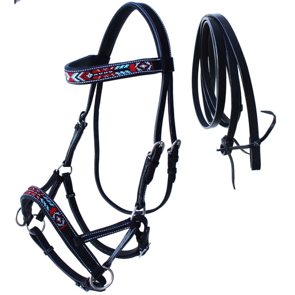 Horse Western Black Leather Beaded Bitless Padded Sidepull Bridle Reins 77RS17BK
