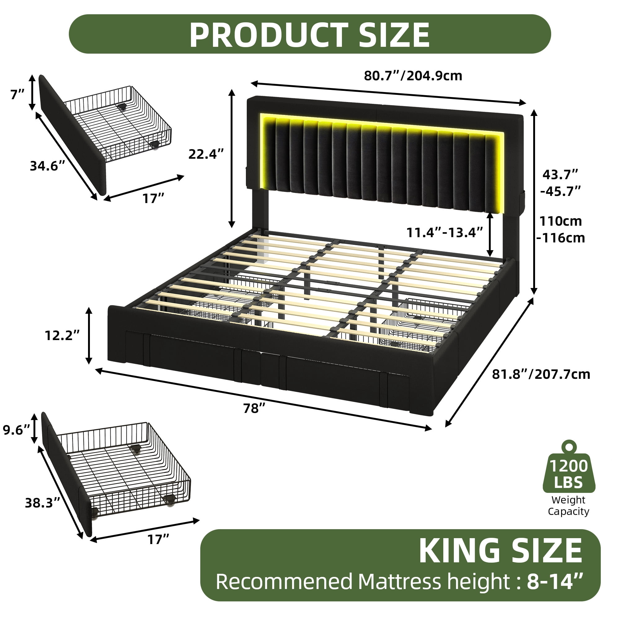 King Size Velvet Upholstered Platform Bed Frame with RGB LED Lights, 4 Storage Drawers & USB Ports (Black)