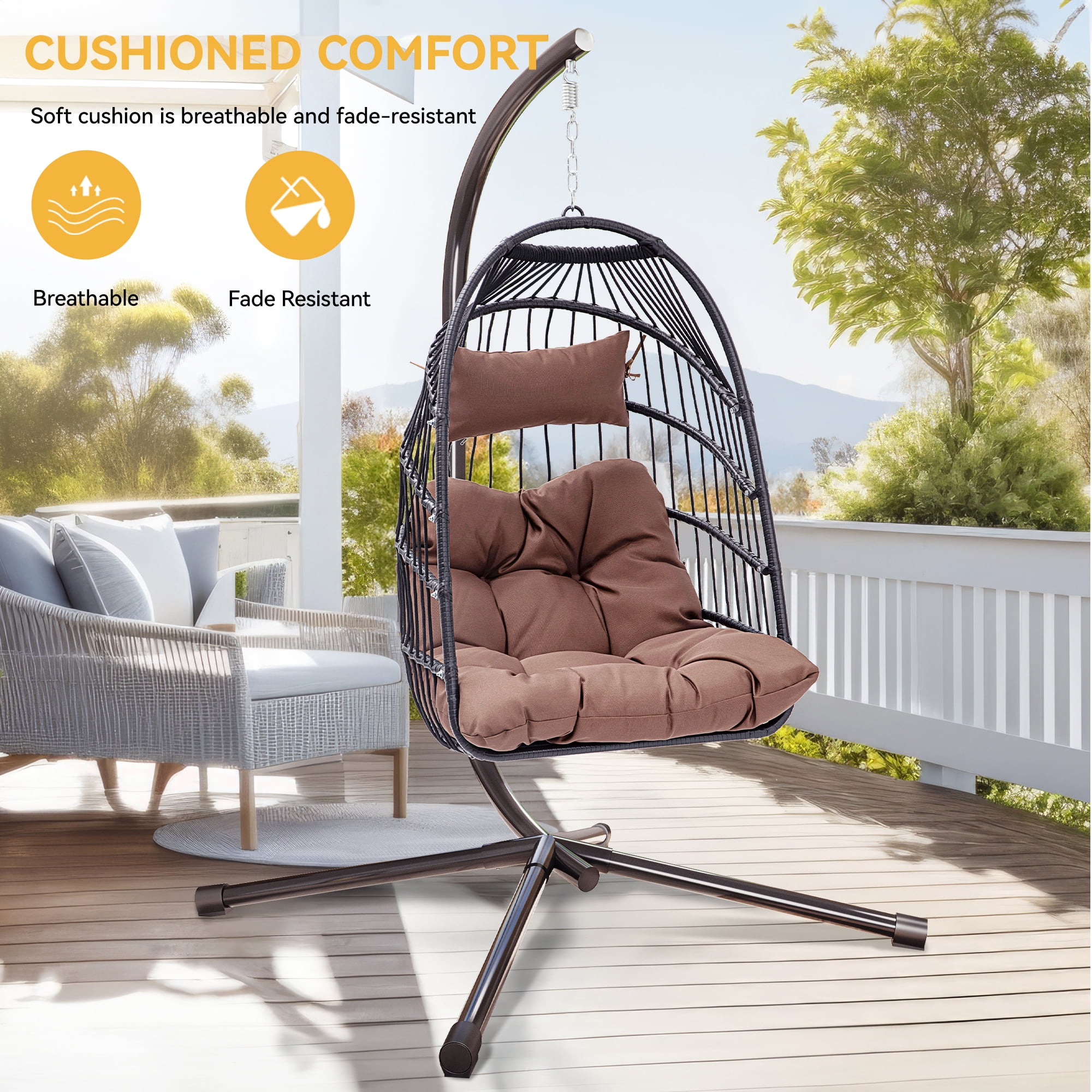Dextrus Hanging Egg Swing Chair Outdoor Wicker Hammock Chairs Indoor with Steel Stand UV Resistant Cushion 350lbs for Patio, Bedroom, Garden and Balcony, Brown