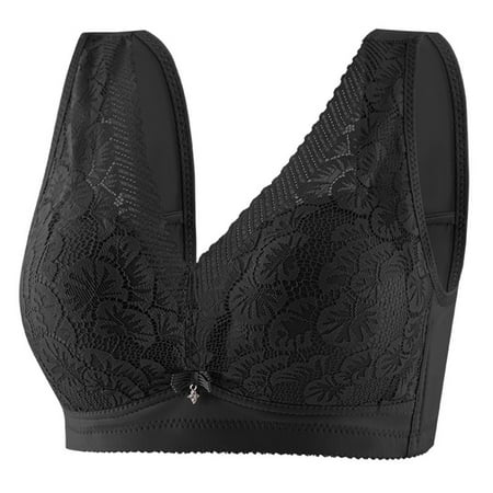 YUGYXL Gather Daily Bras for Women Comfy Breathable Lace Bra No Rims V Neck Wide Strap Full Coverage Bras Full Figure Corset Bra Black 44