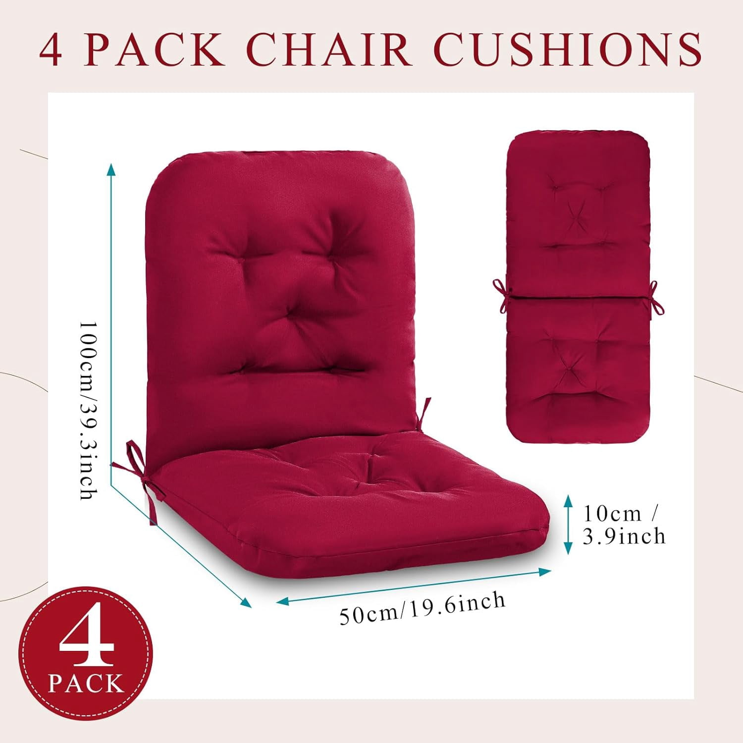Tufted Back Chair Cushion Indoor Outdoor Weather Resistant Swivel Rocker Patio Chair Cushions for Outdoor Furniture(Wine Red,4 Pack)