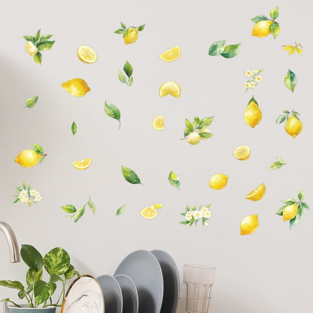 Adhesivos de pared (PVC), color limón, flor de cítricos, acuarela