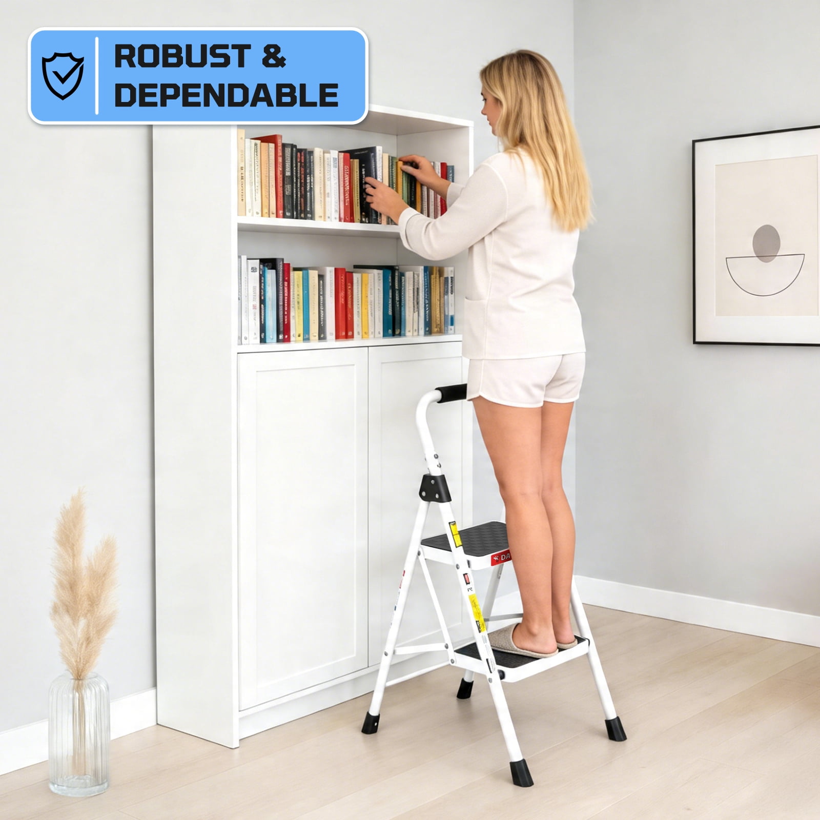 ASoopher Folding 2 Step Ladder, Heavy Sturdy Steel Portable 2 Step Stool with Handrail, Safe-Lock Design, For Kitchen, Garage & Outdoor Use, White