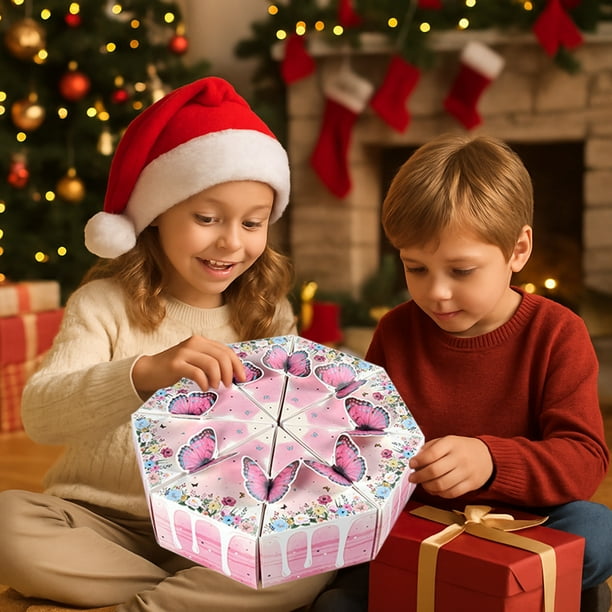 Caja de regalo triangular con forma de pastel y mariposas | Set de 8 piezas para recuerdos de fiesta | Bolsas de papel azul y rosa para cumpleaños y Navidad | 28 x 28 x 7,5 cm