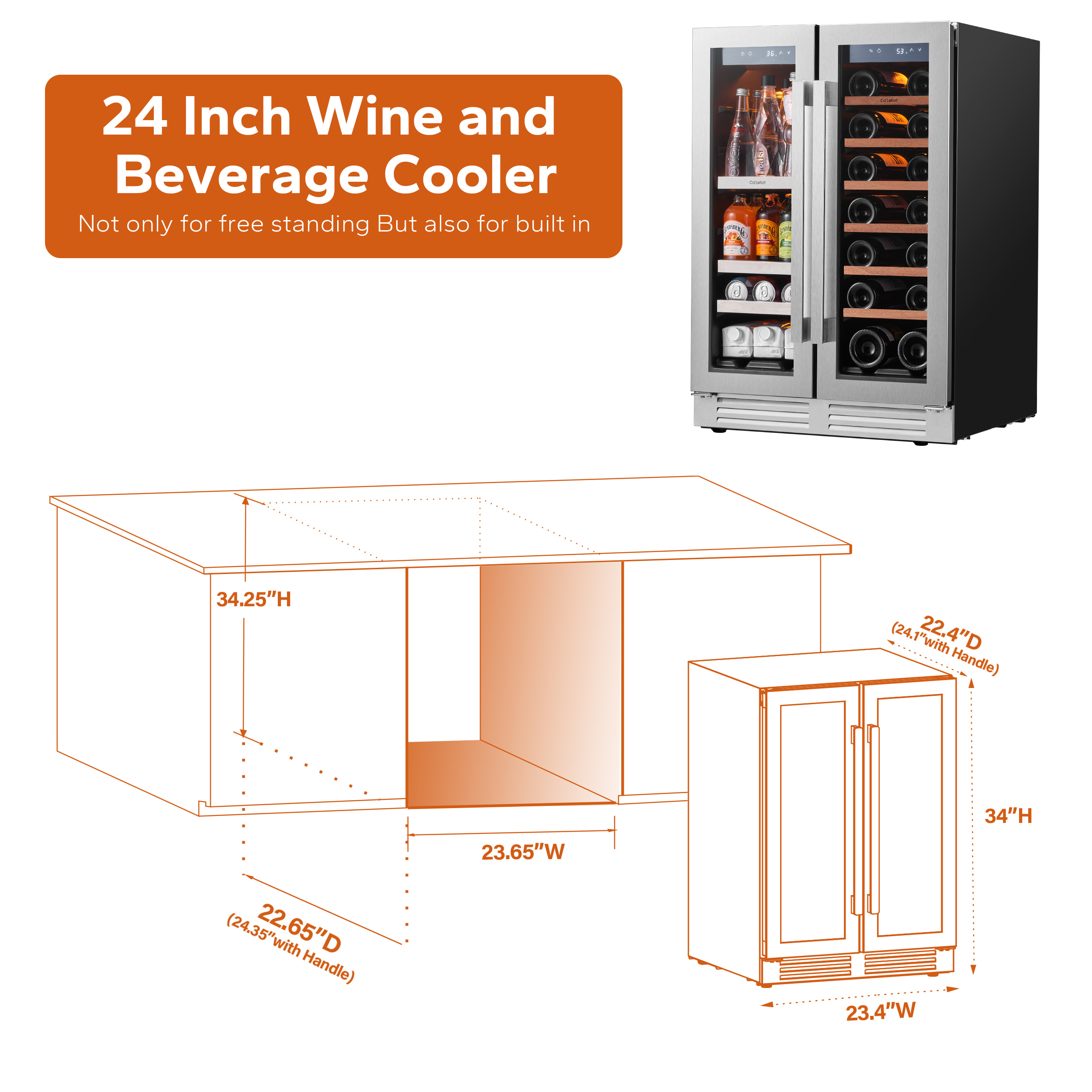 Ca'Lefort Wine Cooler Beverage Refrigerator, Hold 160 Cans and 40 Bottles Dual Zone Wine Fridge Freestanding & Built-in with Stainless Steel frame for Kitchen Office
