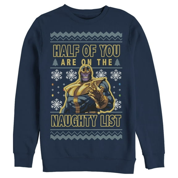 Men's Marvel Ugly Christmas Thanos Naughty List Sweatshirt Navy Blue Medium
