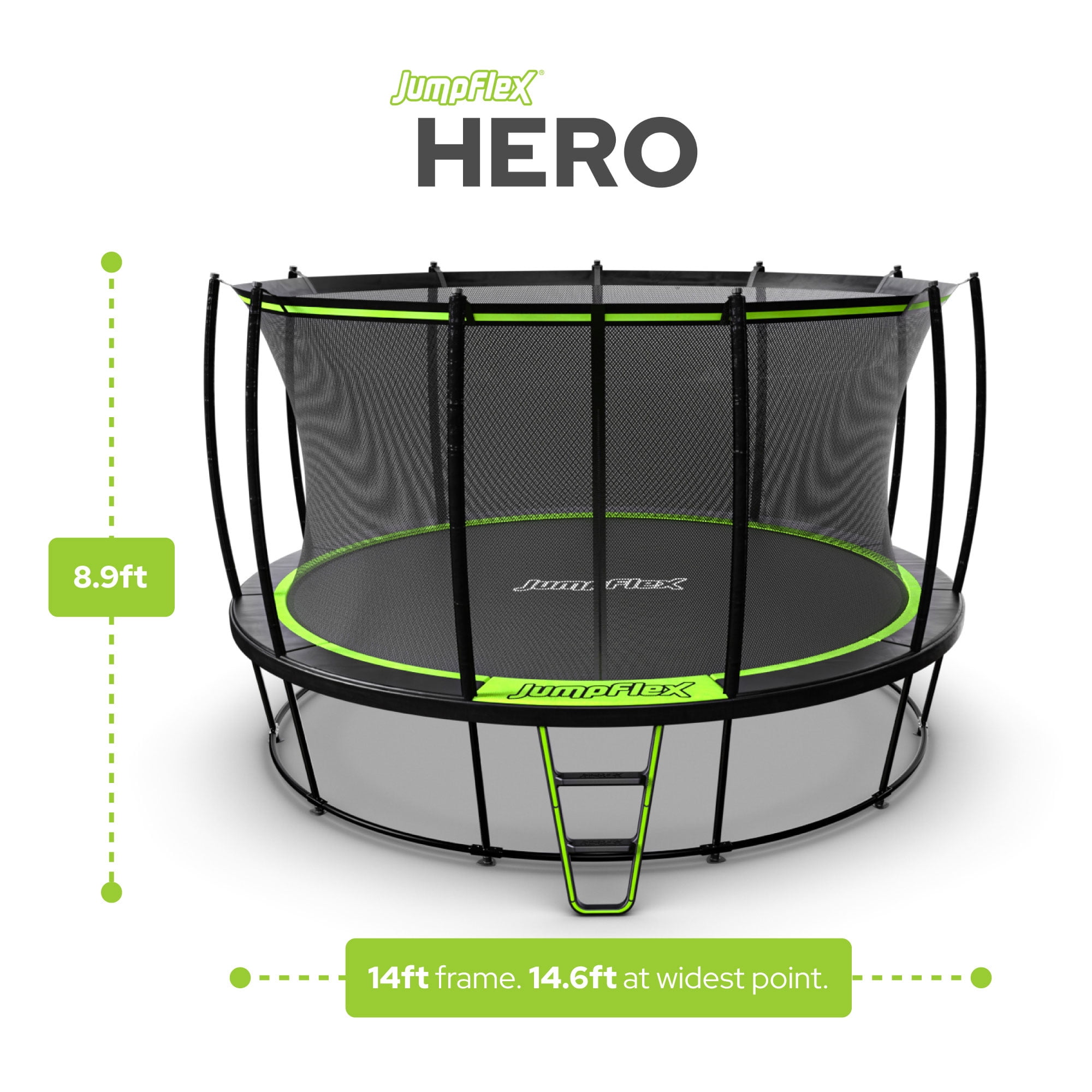 JumpFlex HERO 14' Trampoline with PROJAM Basketball Hoop and Net Attachment