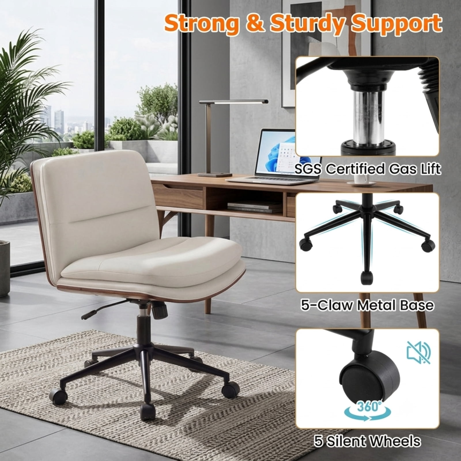 Furnibear Armless Office Chair with Curved Backrest and Padded Faux Leather Seat Small Rolling Vanity Task Chair for Home Office Bedroom Study, White