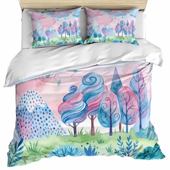 Forest Simple Line-drawing Bedding 3 Piece Duvet Cover Set Full Size, Rainy Colorful Tree Grass Soft Microfiber Comforter Cover with Zipper Closure & Pillowcases, Wrinkle & FadeResistant Quilt Cover