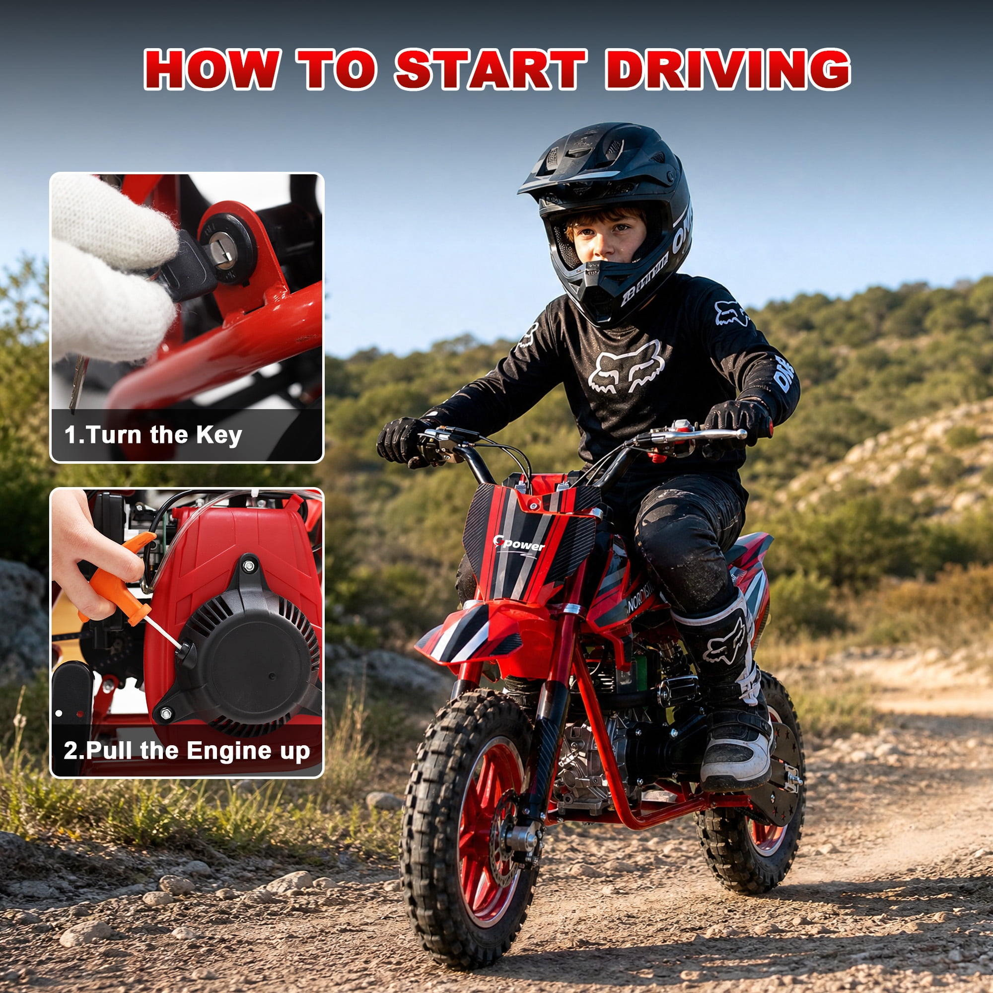 Gpower 50cc 4-Stroke Dirt Bike for Kids 8-14, Gas Power Mini Dirt Bike,1-Seater,Red