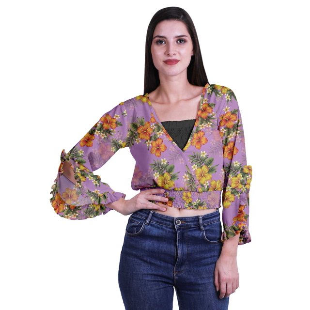 Moomaya Haut Court Imprimé pour Femmes Style Enveloppant Manches Longues à Volants Blouse d'Été Décontractée