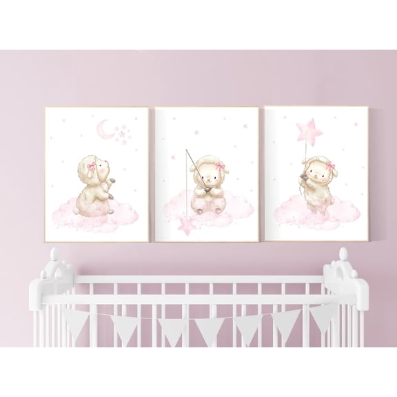 UNFFRAMED Luvia Sheep Lamb Nursery Poster Set of 3 Baby Girl Wall Art Decor Set 3 Prints 8x12
