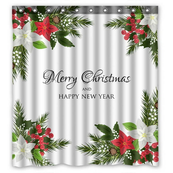 YUSDECOR Couronne de Noël des Fêtes Poinsettia Houx Hiver Floral Imperméable Rideau de Douche en Tissu Polyester Taille 66x72 Pouces