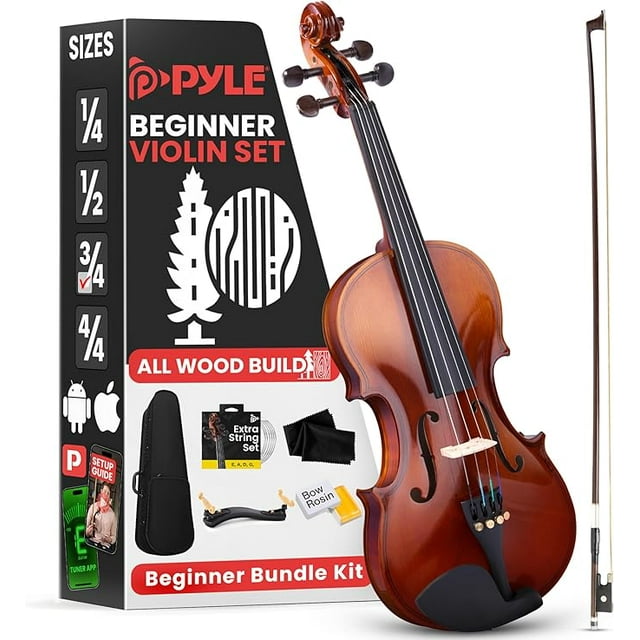 Pyle 3/4 Size Beginner Violin Starter Kit, Violin Starter Package with Travel Case & Bow, Extra Strings, Digital Tuner, Shoulder Rest & Cleaning Cloth for Students, Kids, Adults