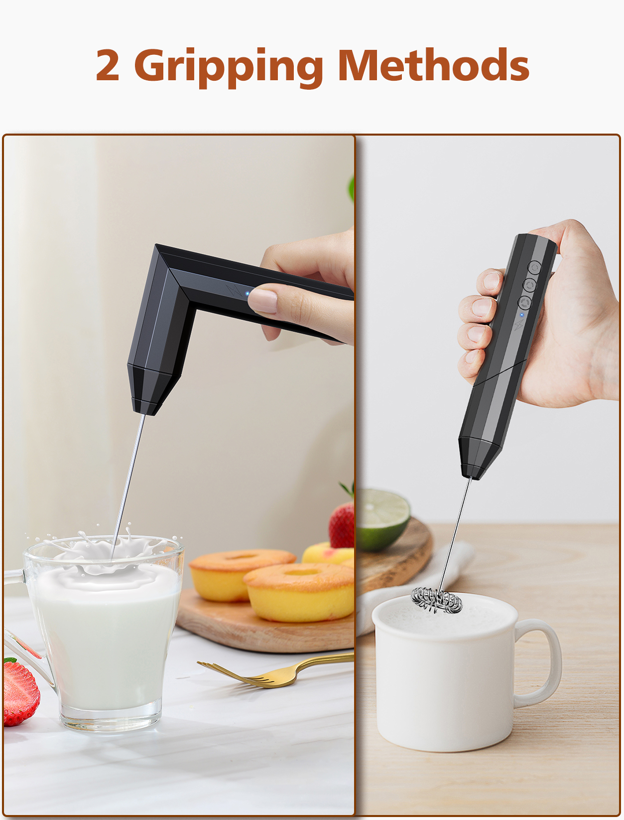 TAMO Milk Frother Handheld, USB-C Rechargeable Coffee Frother Wand, drink mixer with Charging Base&3 Heads,3 Speeds Adjustable For Latte, Cappuccino, Hot Chocolate, Egg