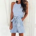 thumbnail image 2 of Summer Clearance! Fashion Women's Summer Casual Striped Print Sleeveless Round Neck Lacing Straight Shorts Jumpsuit with Pockets 2025 Clothes, 2 of 8