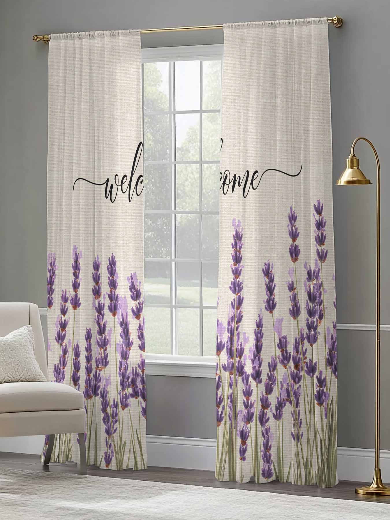 Purple Lavender Sheer Curtains 84 Inch Long 2 Panels, Spring Pastoral Linen Texture Light Filtering Rod Pocket Semi Sheer Curtains, Sheer Voile Drapes for Living Room Bedroom, 52"x84"