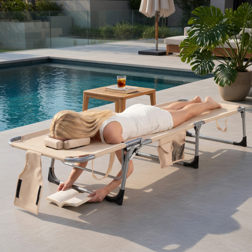 Hommoo Adjustable Folding Beach Lounge Chair with Removable Pillow, Lightweight Aluminum Frame, Portable for Beach, Pool & Patio, Brown