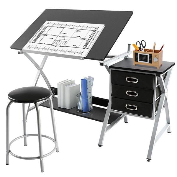 Folding and Adjustable Steel Drafting Table with Stool and Storage ...