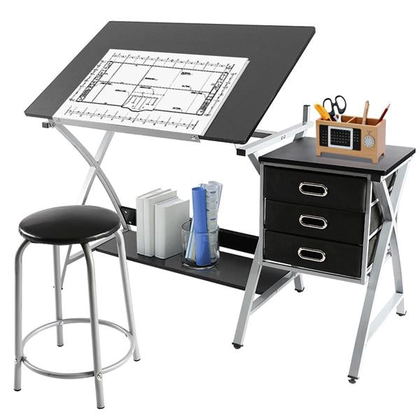 Yaheetech Drafting Table Art & Craft Drawing Station Adjustable Folding Desk with Stool & Storage Drawers
