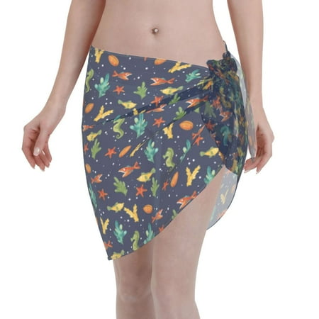 Adobk Women Beach Sarong Bathing Suit Shells And Seaweed Print Wrap Skirt Sheer Bikini Swimsuit Cover Ups For Swimwear