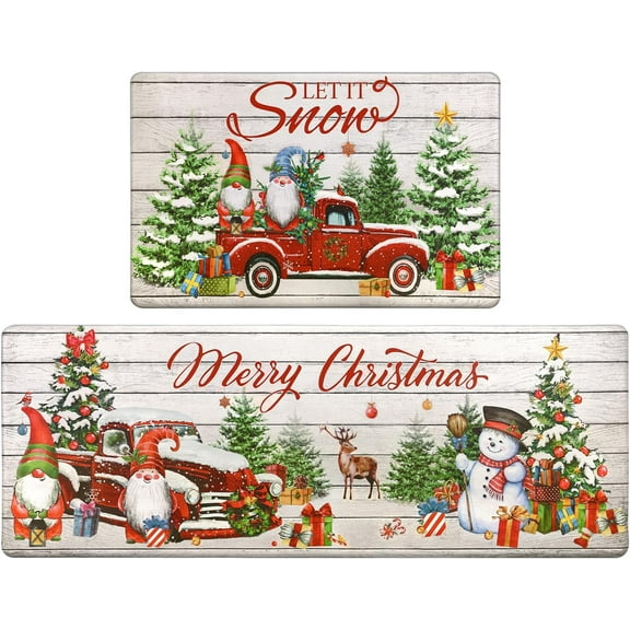 Christmas Kitchen Rugs Set of 2, Farmhouse Christmas Tree Truck Kitchen Floor Mat, Non Slip Anti Fatigue Kitchen Mats for Floor, Cushioned Kitchen Rug Set Christmas Winter Holiday Decorations