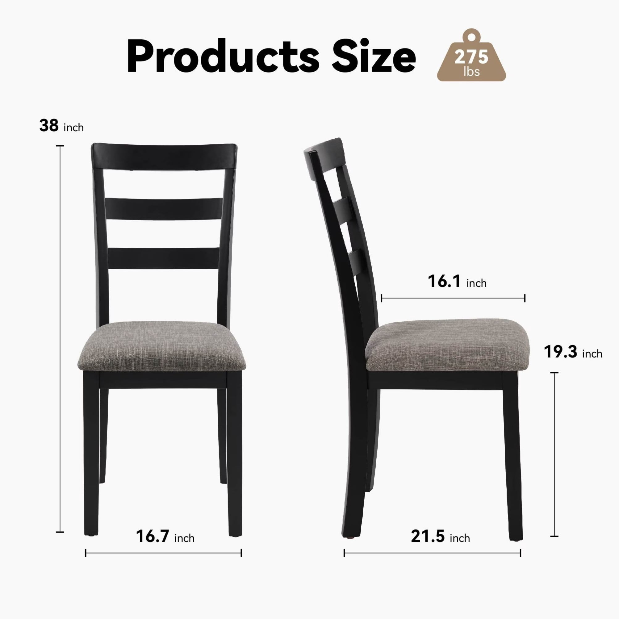 Farmhouse Dining Chairs Set of 2, Wooden Kitchen Chairs with High Ladder Back, Upholstered Fabric Seat, Solid Wood Legs, Non-Slip Foot Pads, 275 lbs Capacity for Dining Room, Kitchen, Black