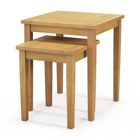 Gymax 2 PCS Patio Nesting Table Teak Wood Outdoor Space Saving Design Square End Table