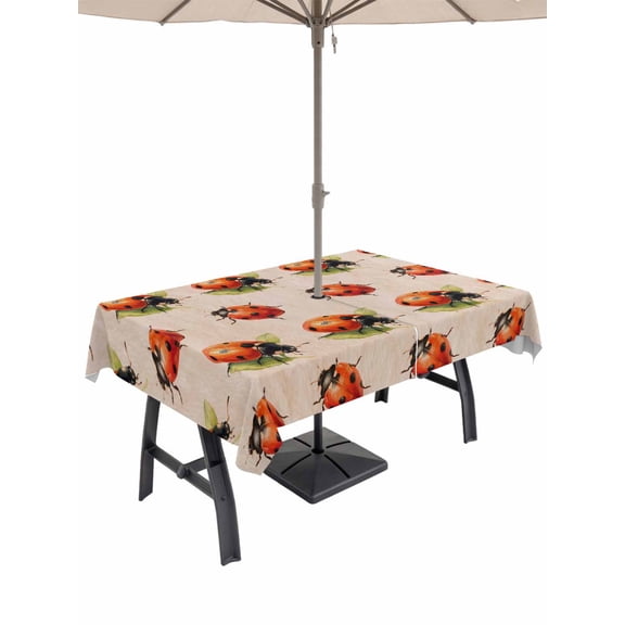 Outdoor Tablecloth with Umbrella Hole for Patio/Picnic/Party/Camping, Cute Ladybugs Waterproof Table Cloth Rectangle Table Cover Washable, Spring Botanical Leaves Vintage (60"x 120")
