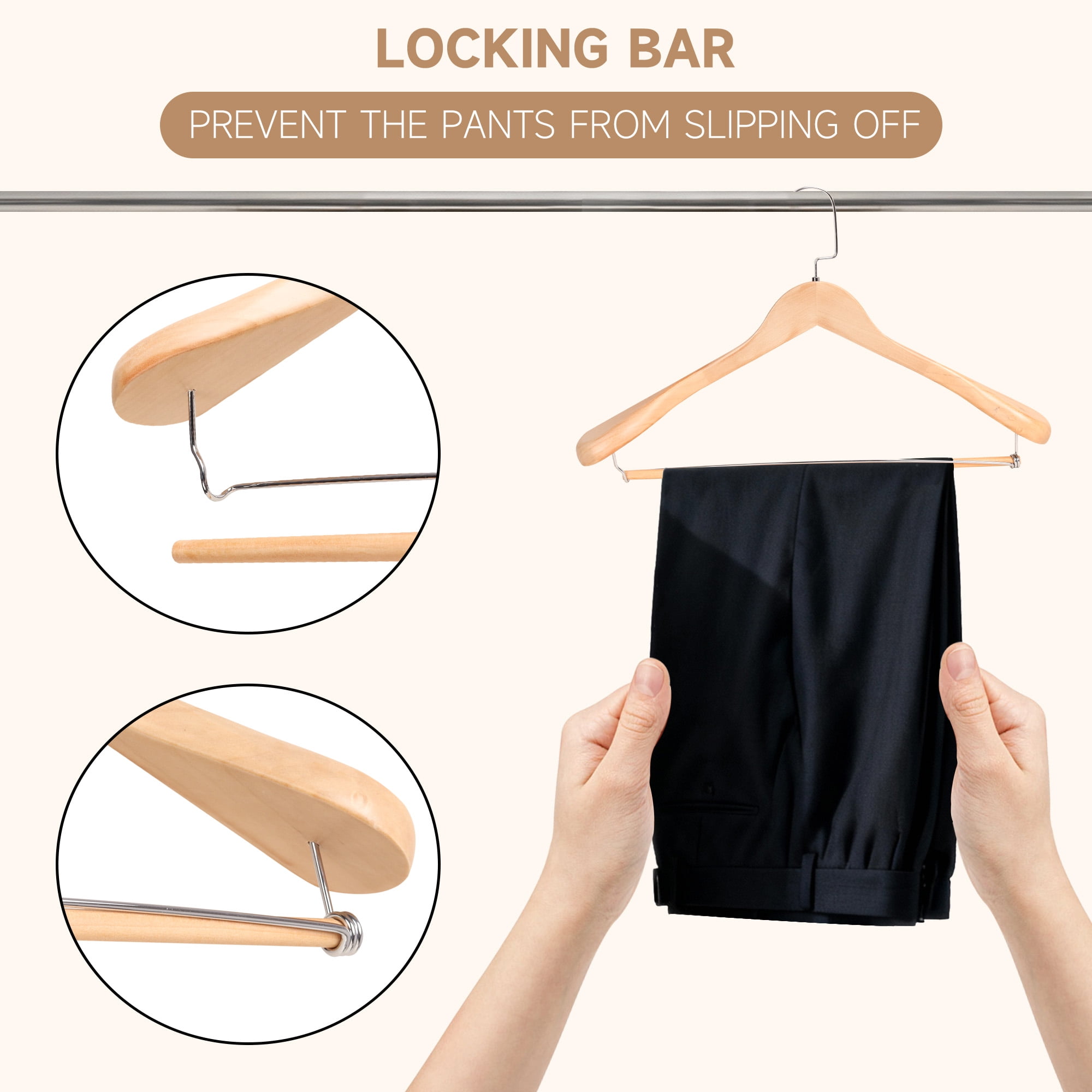 BP4U 6-Pack Premium Wide Shoulder Wooden Suit Hangers, Heavy-Duty Non-Slip Solid Wood Coat Hangers with Locking Bar for Suits & Coats(Natural Wood)