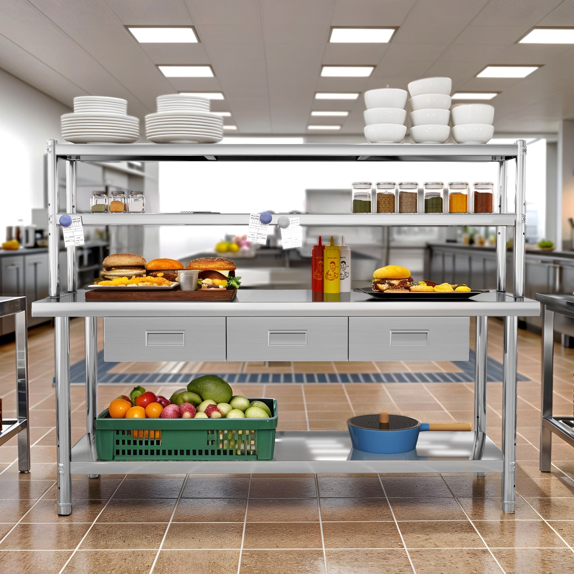 Uforic 72" X 24" Stainless Steel Work Table with Overshelves & Drawers Table for Home Kitchen Restaurant Garage Warehouse Outdoor