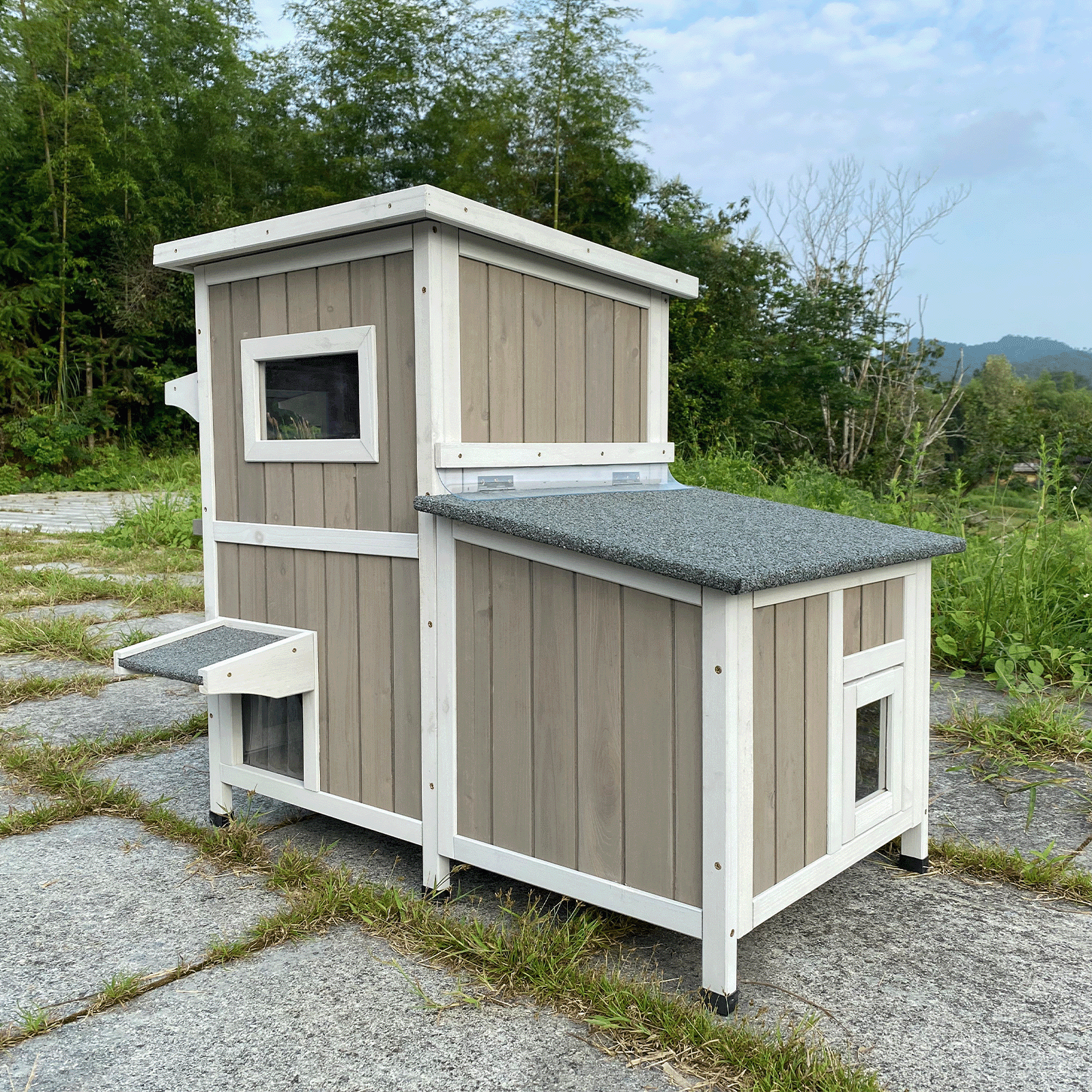 PETSCOSSET Outdoor Cat House  2-Story Wooden Condo - Weatherproof, Acrylic Window - Gray