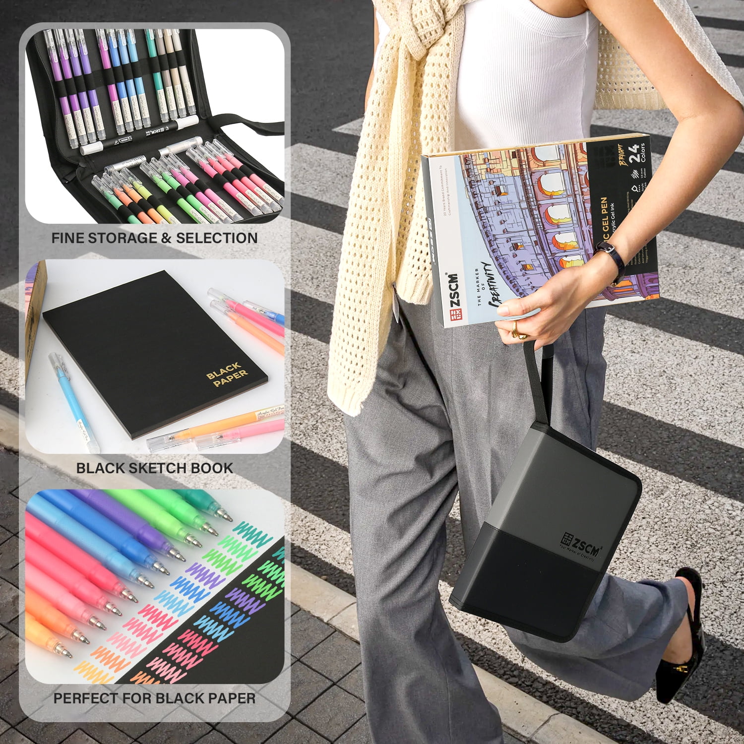 ZSCM Black Paper Sketchbook & 24 Colors Acrylic Gel Pens for Drawing, 1mm Fine Point Acrylic Ink Pen for Black Paper, Sketching, Illustration, Card