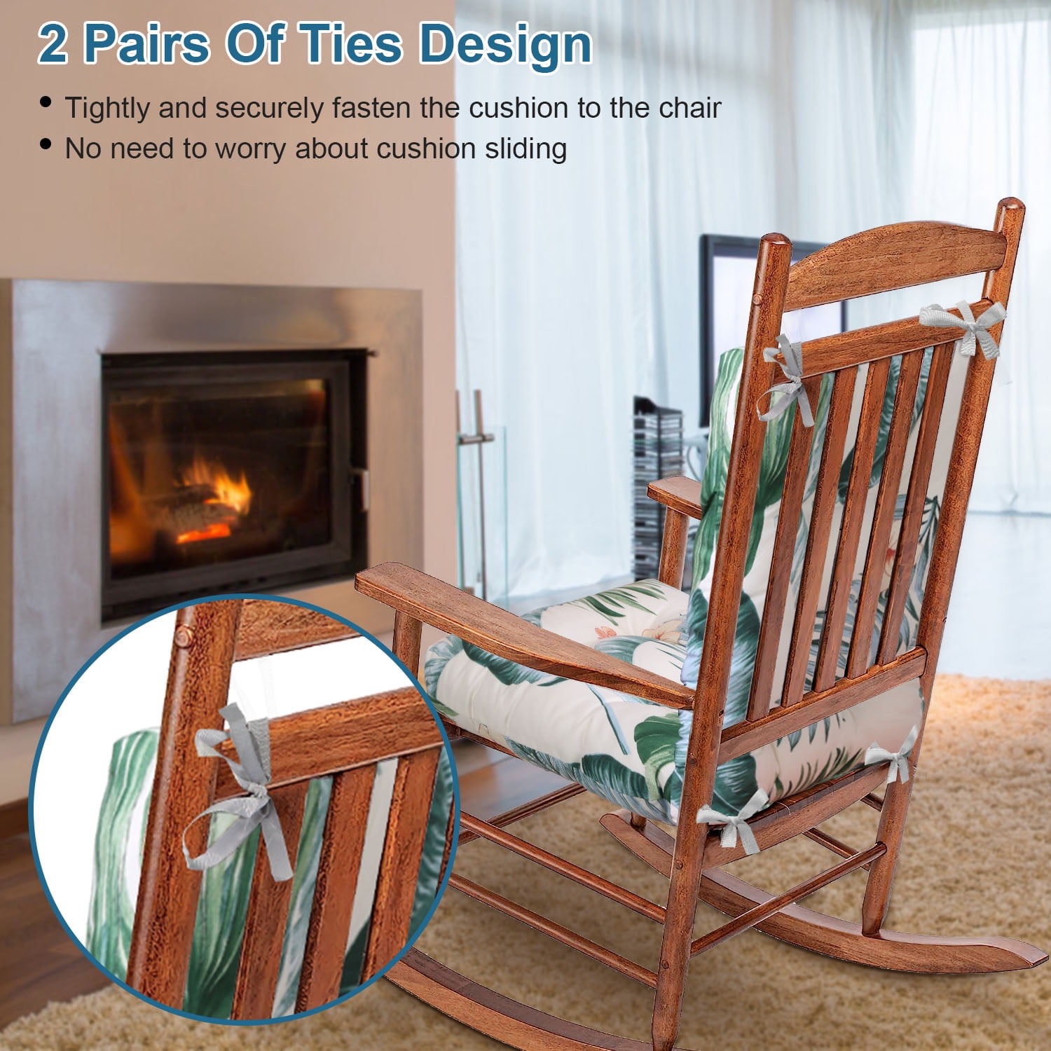 Outdoor Rocking Chair Cushion Upper and Lower Rocking Chair Seat Cushion Set with Non-Slip Ties for Indoor Outdoor Beige Green Palm