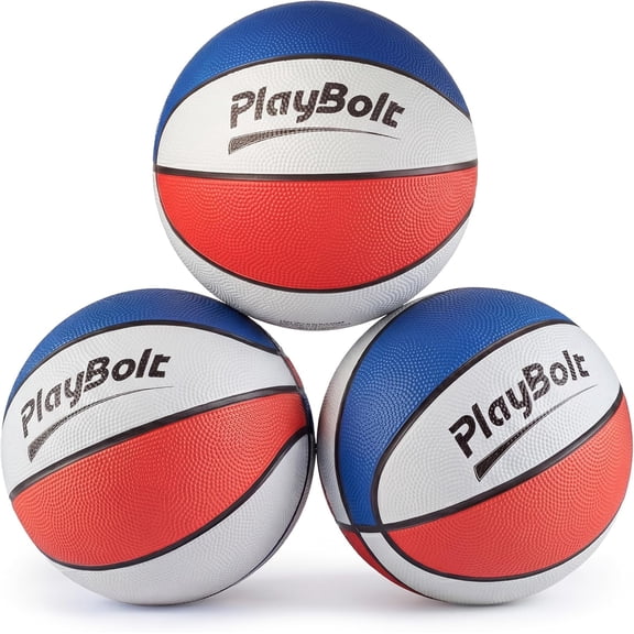 PlayBolt Size 3 Mini Basketballs – 7 Inch, 3 Pack (Red, White & Blue) | Youth Rubber Basketballs with Hand Pump for Kids – Indoor & Outdoor Hoops, Training & Practice