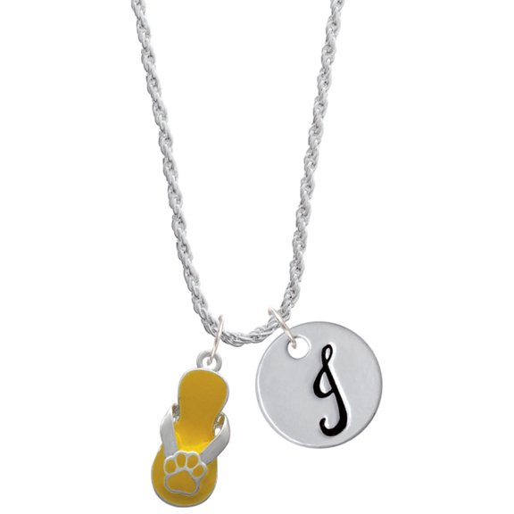 Delight Jewelry Silvertone Yellow Paw Flip Flop Silvertone Script Initial Disc - J - Charm Necklace, 20"+3"