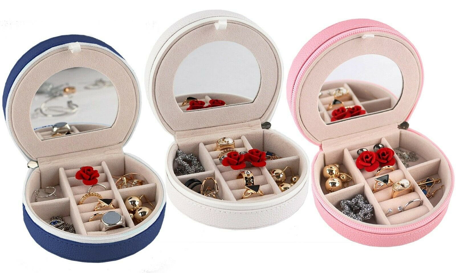 Round Portable Jewelry Box Organizer Display Storage Case For Rings Earrings MP 