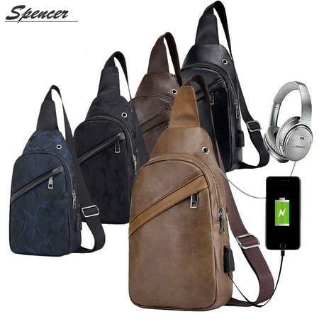 Spencer Leather Shoulder Bag Waterproof Sling Chest Crossbody Backpack with USB Charging for Men for Sport Hiking Travel Daypack (Best Leather Sling Bags For Mens)