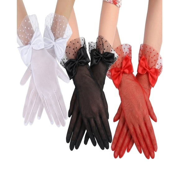 3-Pair Short Lace Gloves for Women – Soft Tulle & Bow Pattern Fingerless Gloves for Evening Dresses, Weddings, Tea Parties, Opera & Formal Wear