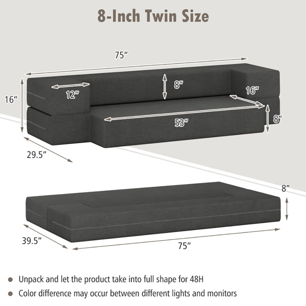 Finihen Sofa Bed, Convertible Folding Sofa, 8 Inch Convertible Folding Sofa Bed with Washable Cover-Twin Size, for Living Room, Dark grey