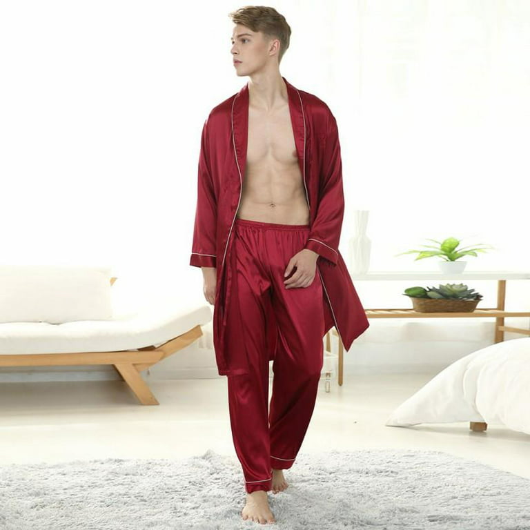 Men's Sleepwear Mens Silk Pajamas Set Solid Color Silk Men's