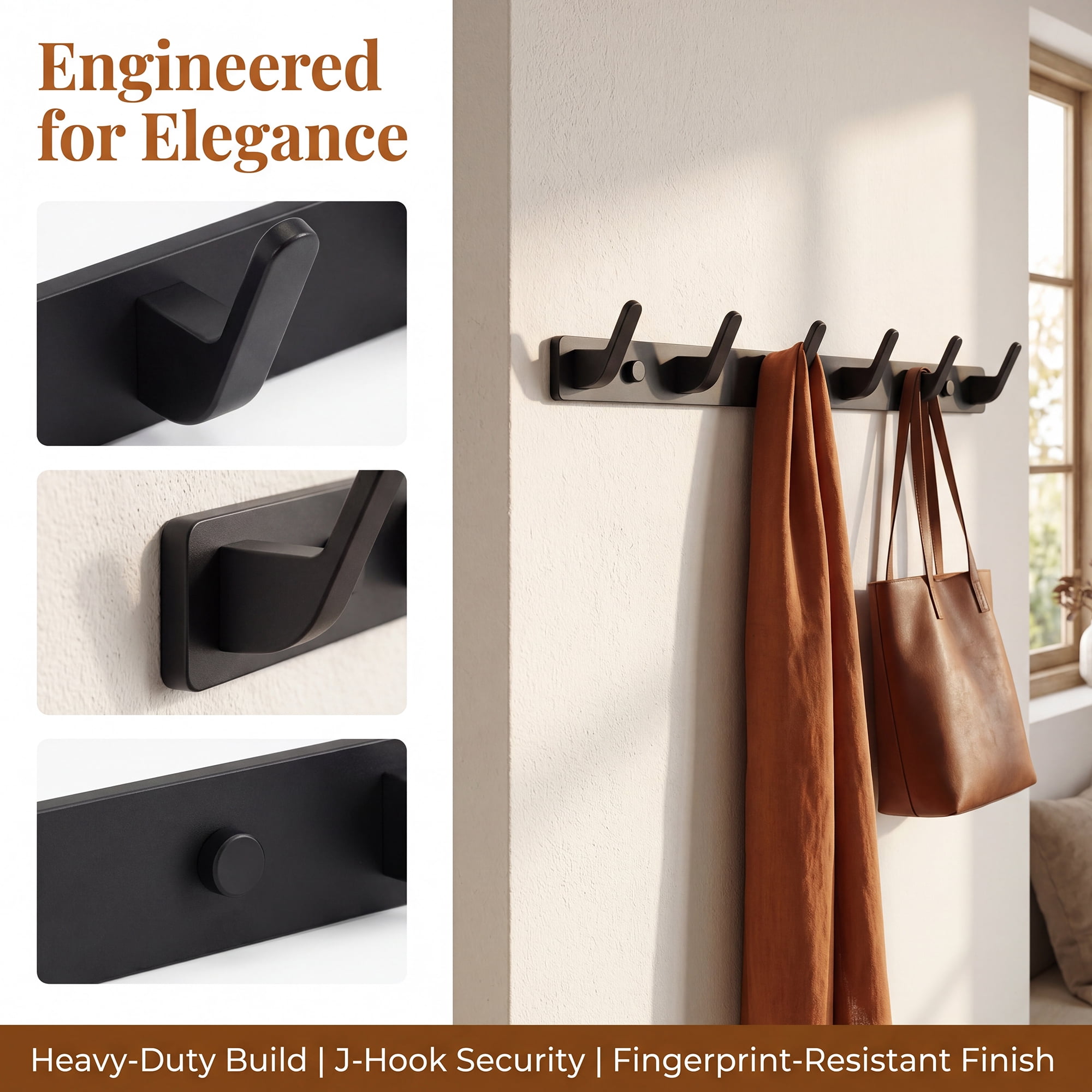 Unique Bargains Coat Rack Wall Mount for Entryway Bathroom Bedroom Black 6 Hooks