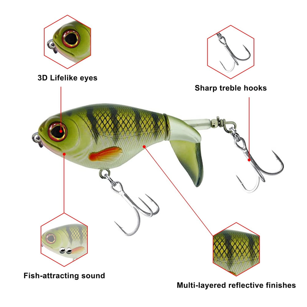 3PCS Whoper Plopper Lures, Plopping with Floating Rotating Tail, Fishing with Barb Treble Hooks