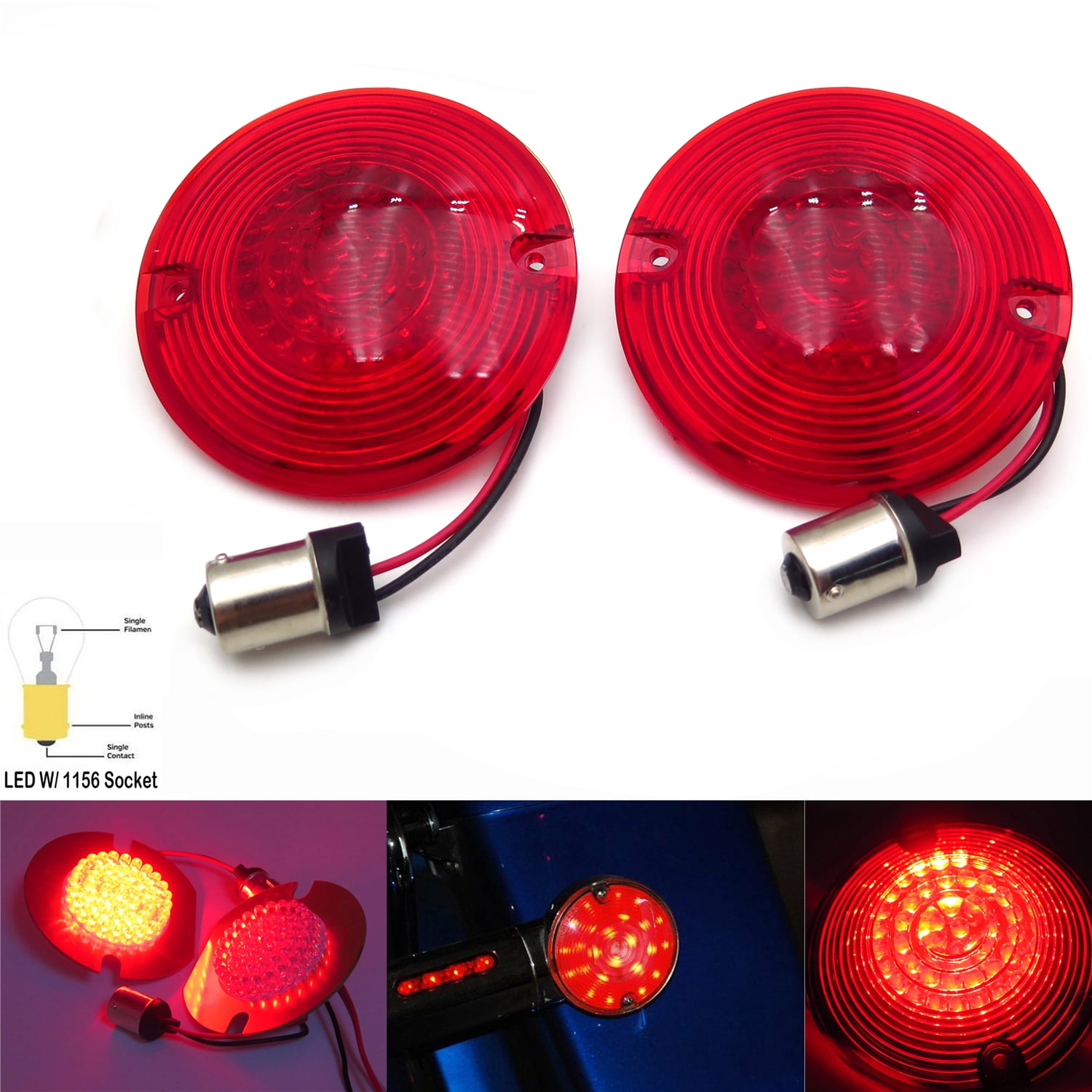 HTTMT 2X 3" Red Turn Signal 1156 LED Inserts With Red Lens Cover