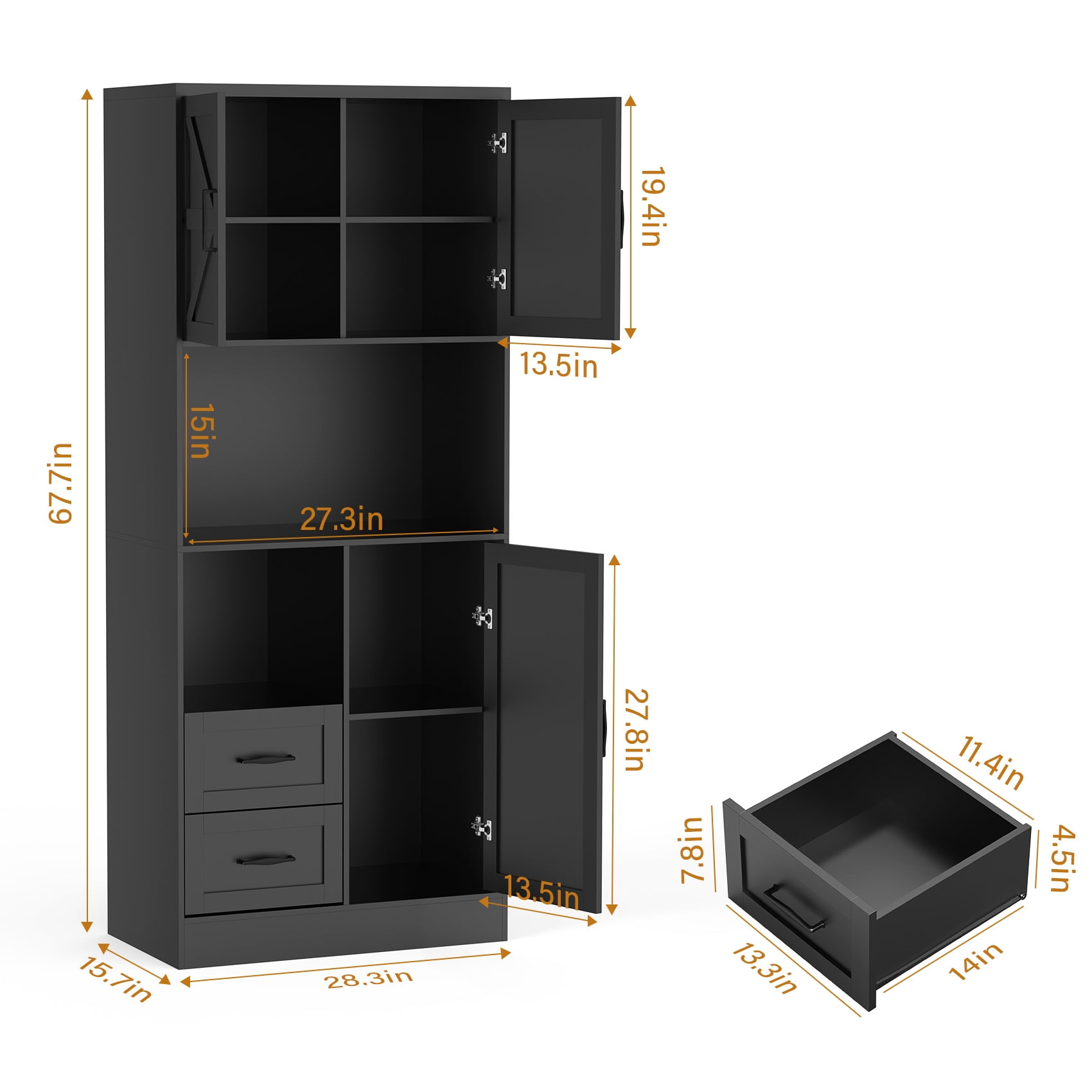 Frmobepts 68" Tall Kitchen Pantry with LED Lights, Free-standing Wood Storage Cabinet with Farmhouse Barn Doors for Dining Room, Black